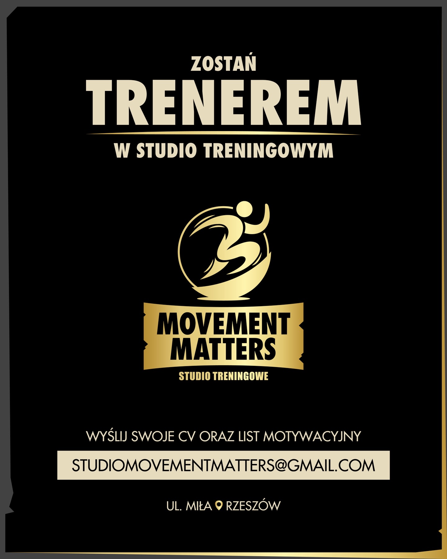 Ogłoszenie o rekrutacji trenera personalnego do studia Movement Matters w Rzeszowie